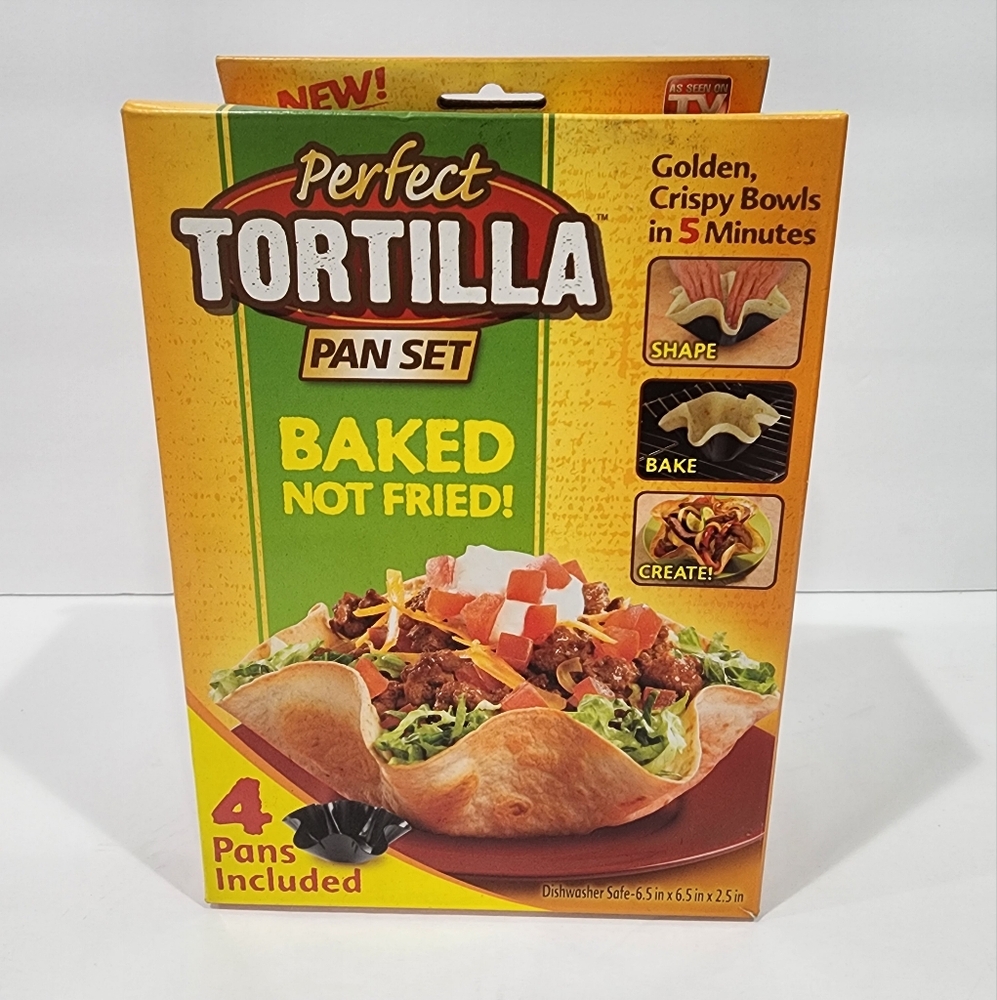 Perfect Tortilla Pan Set 4 Non-Stick Pans Baked Taco Salad Bowl Shells NEW